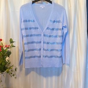 New York & Company Large Light Blue Sequined Long Sleeve V Sweater Cardigan